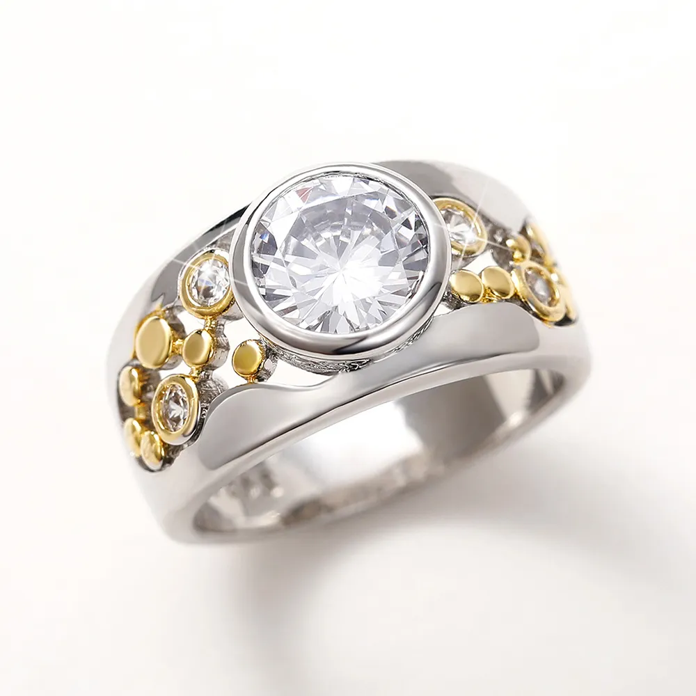 SILVER AND GOLD-COLOURED RING WITH LARGE ROUND ZIRCONIA