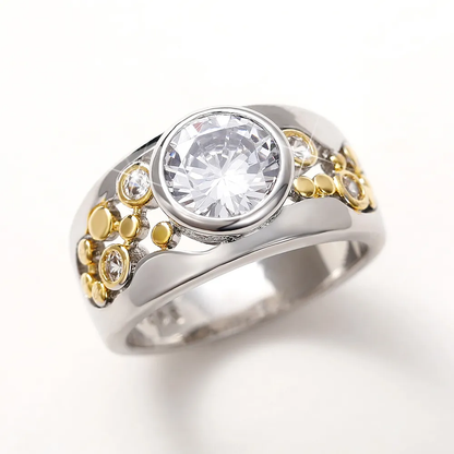 SILVER AND GOLD-COLOURED RING WITH LARGE ROUND ZIRCONIA
